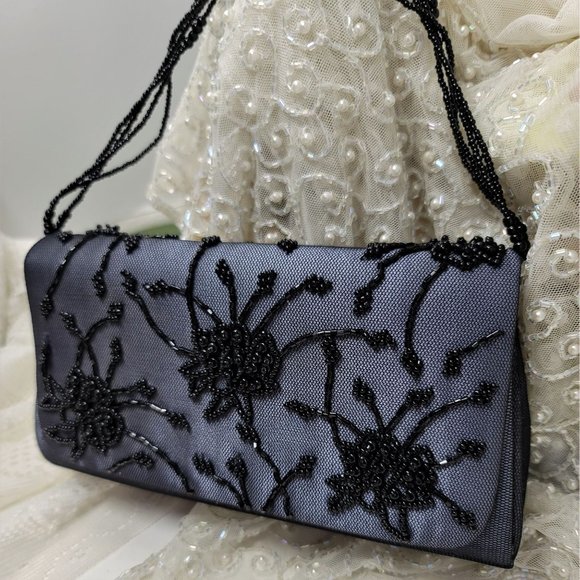 Black Beaded Evening Handbag Purse Floral Pattern - Picture 3 of 8
